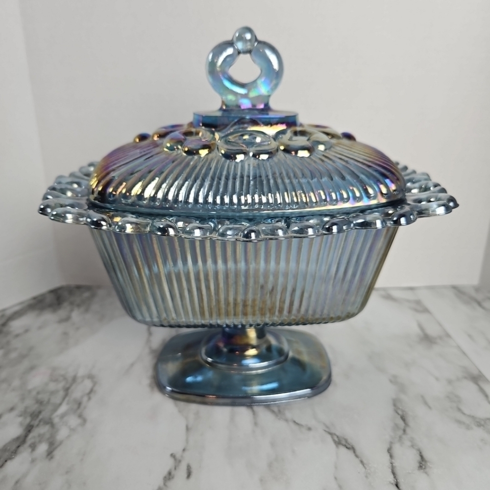 Indiana Carnival Glass Lace Edge Iridescent Blue Pedestal Candy Dish W/ Lid VTG